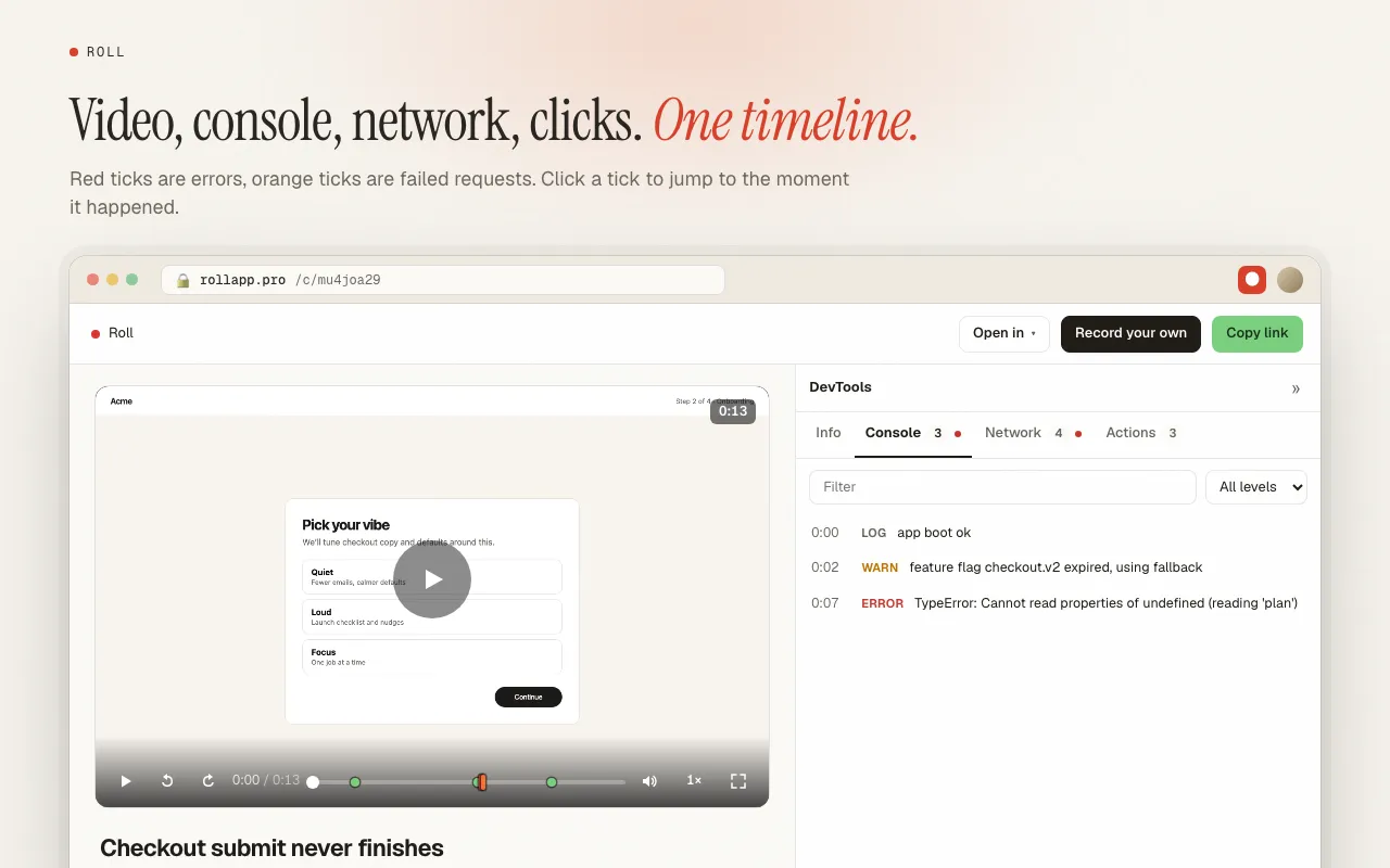 Viewer timeline with console and network
