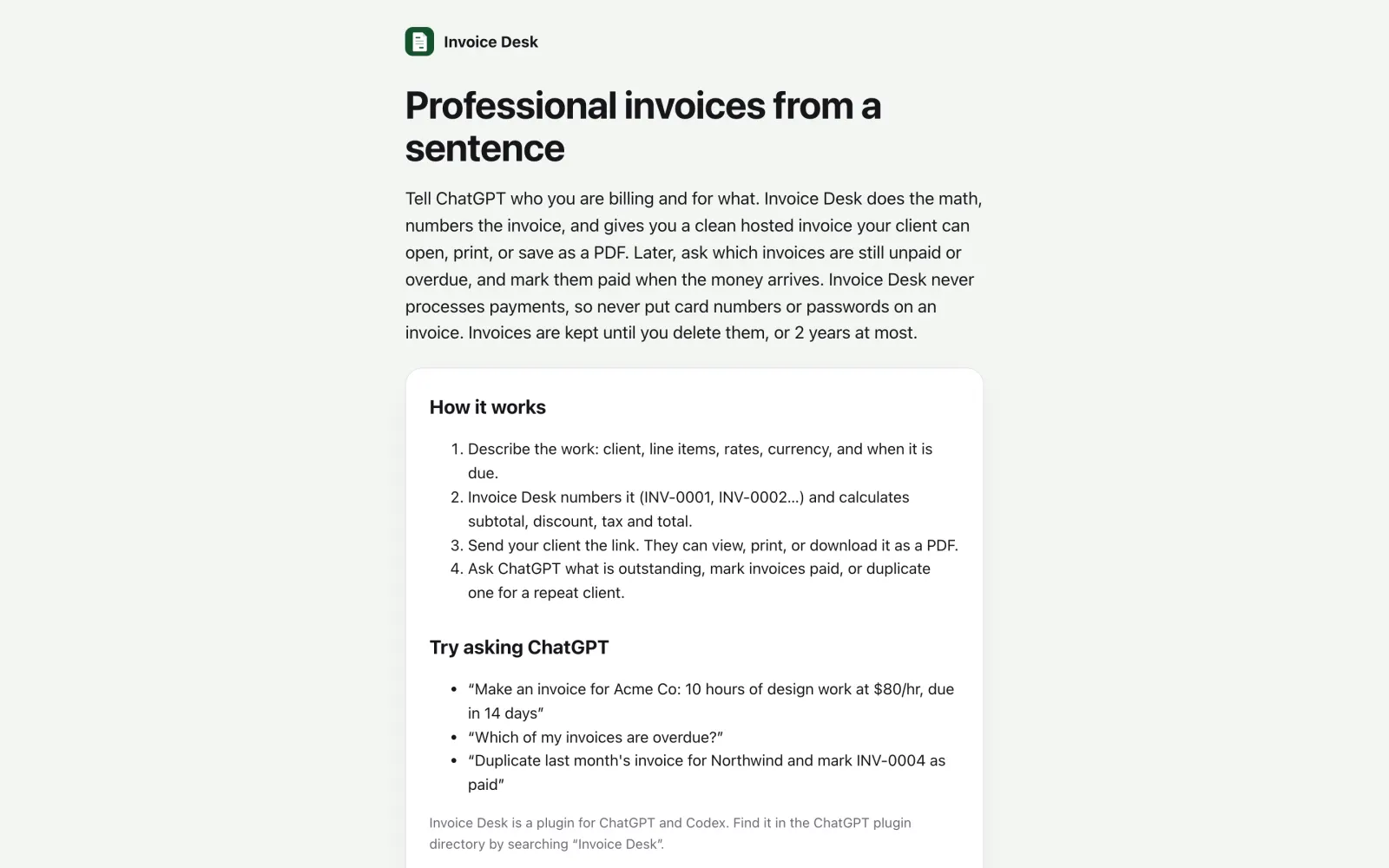 Invoice Desk plugin page