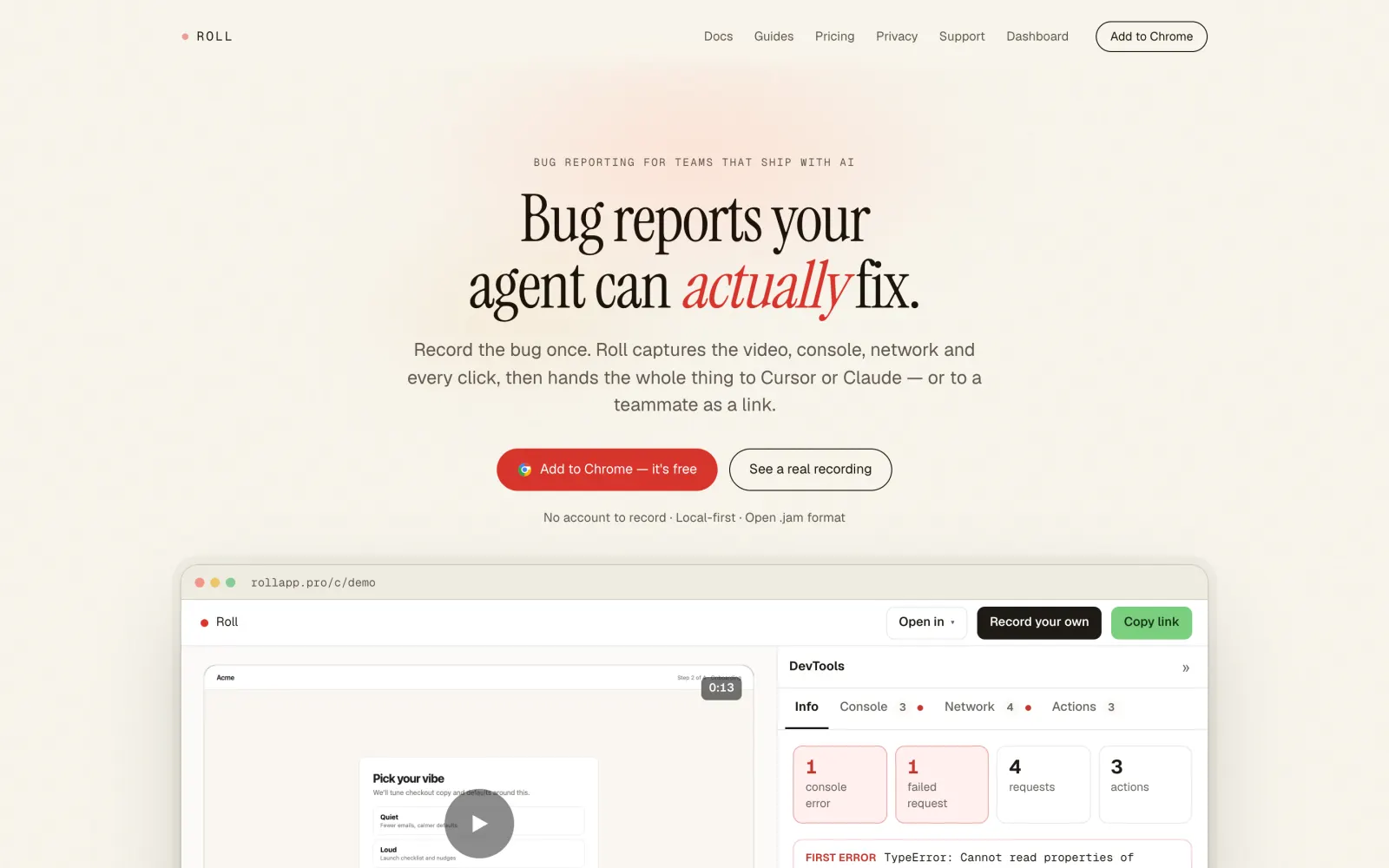 Roll: bug reports your agent can actually fix