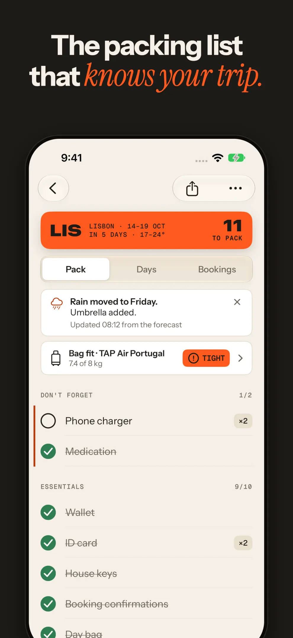 Outbound App Store screenshots: a Lisbon packing list, a day plan, and a bag-fit check