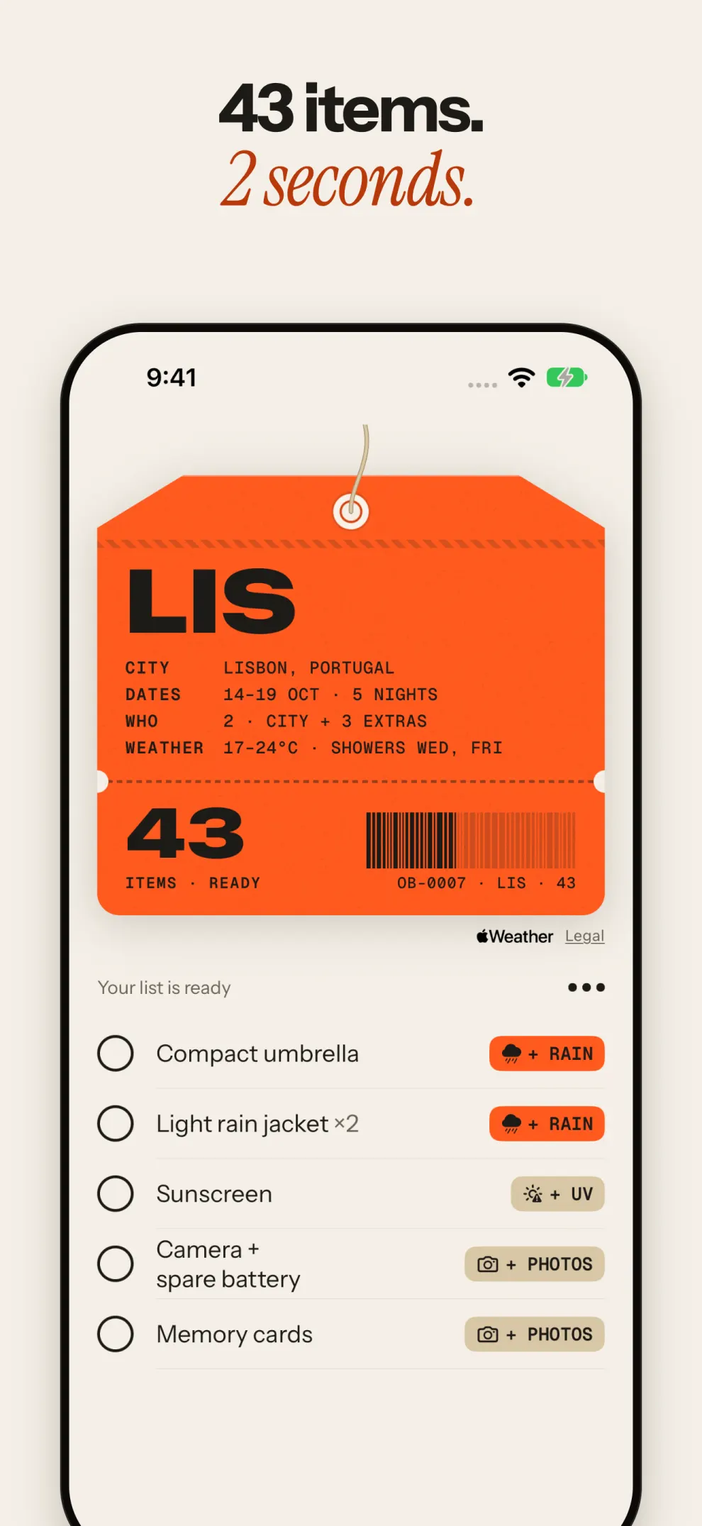 More Outbound screens: generated list, ideas, stamped trip, unused items