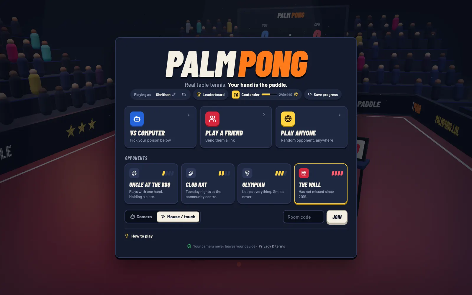 Menu with modes and opponents