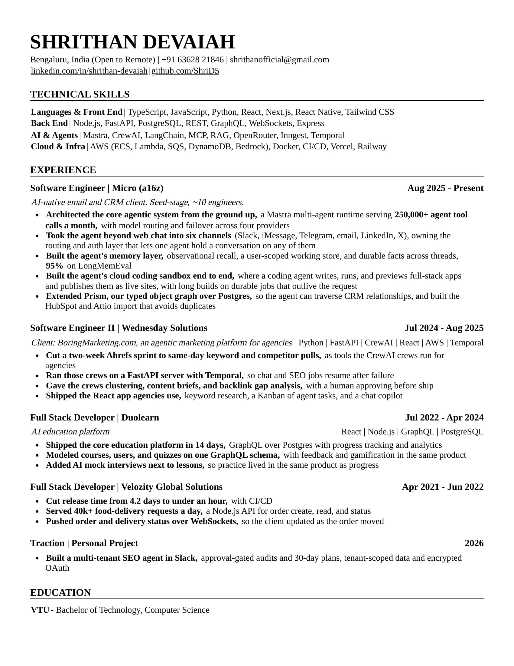Shrithan Devaiah resume, page 1